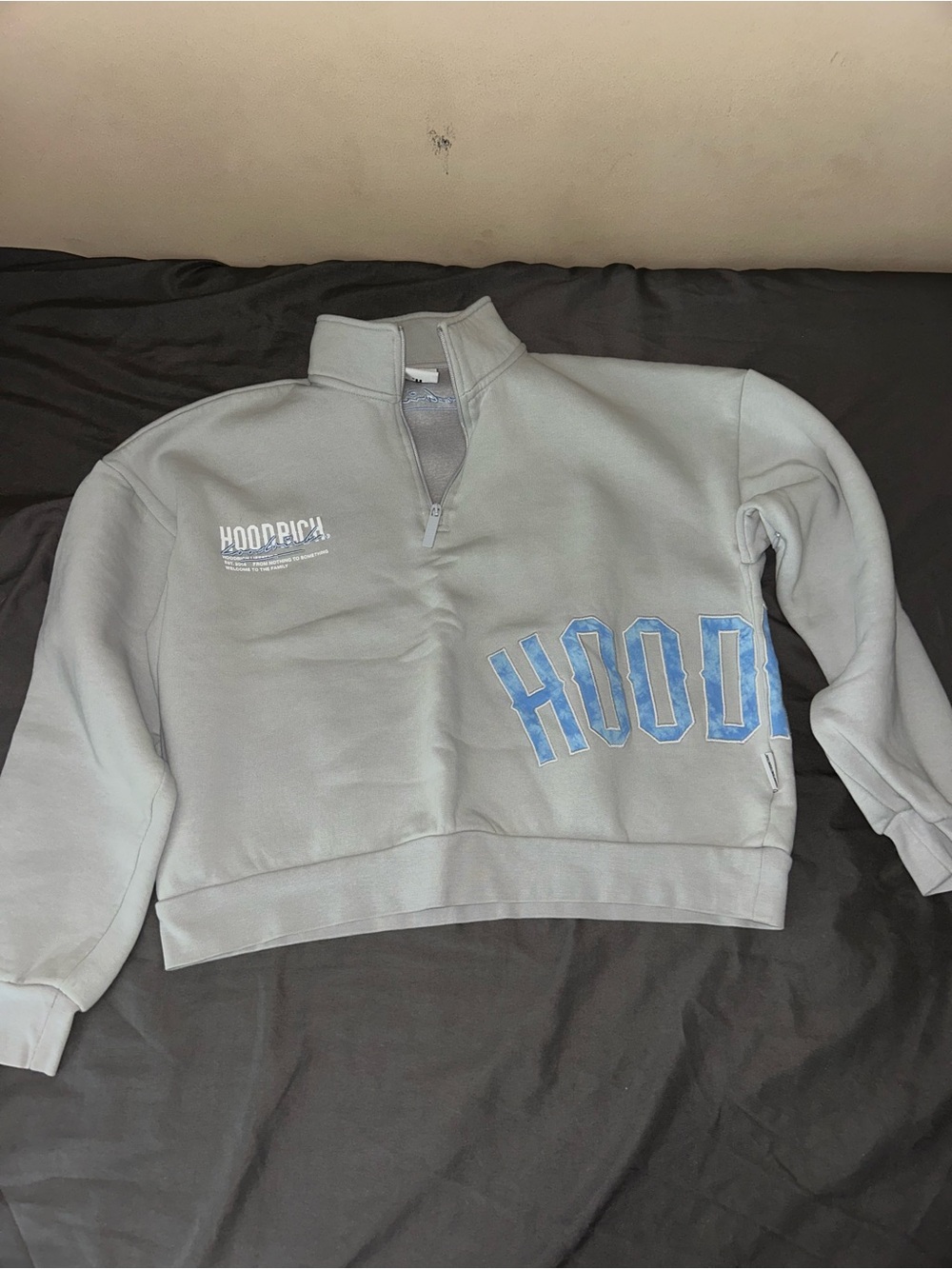 Light Gray Quarter-Zip Pullover Sweater with Blue Lettering